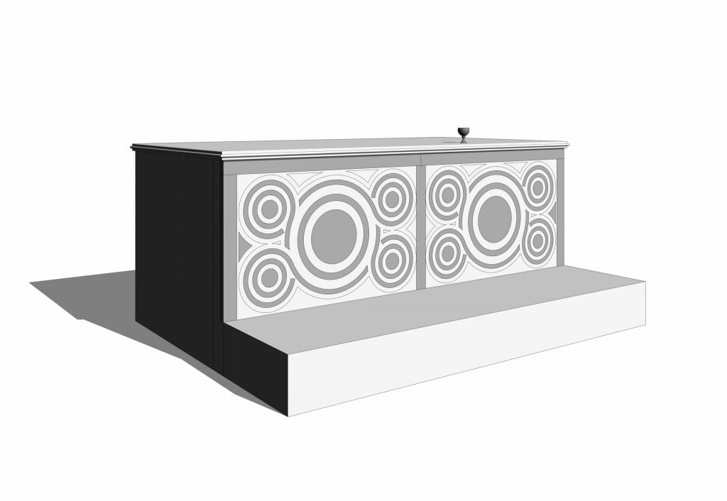 A 3D rendering of a Medieval altar, it front panel covered with small and large circles