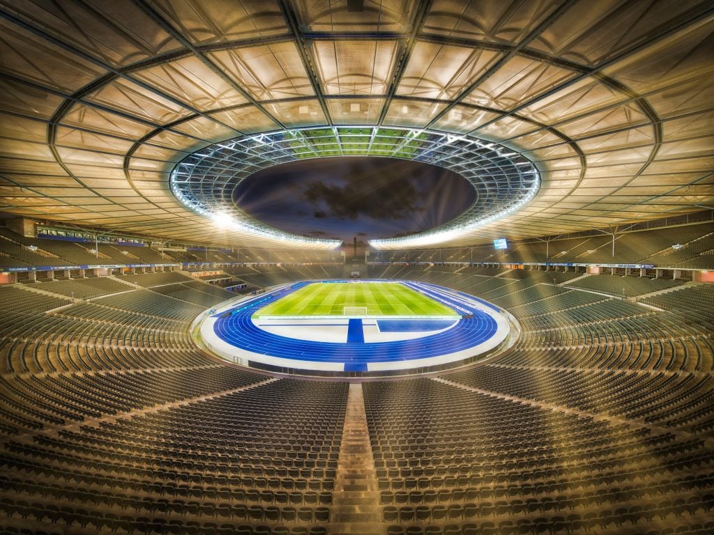 A fisheye photograph of an Olympics soccer stadium in Berlin.