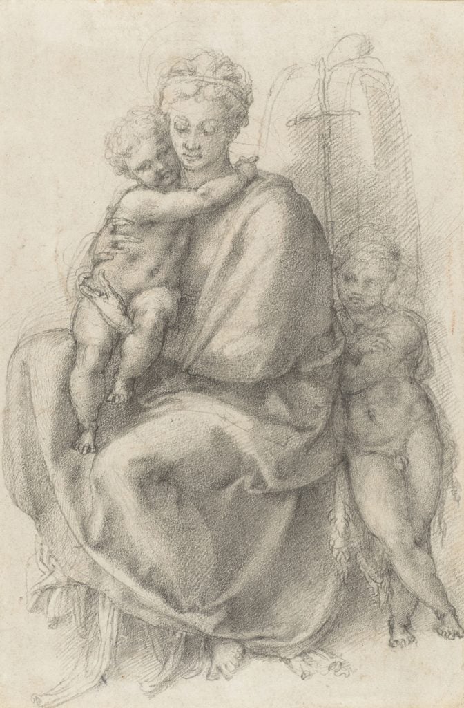 A drawing of the Virgin Mary, the christ child, and John the Baptist as an infant