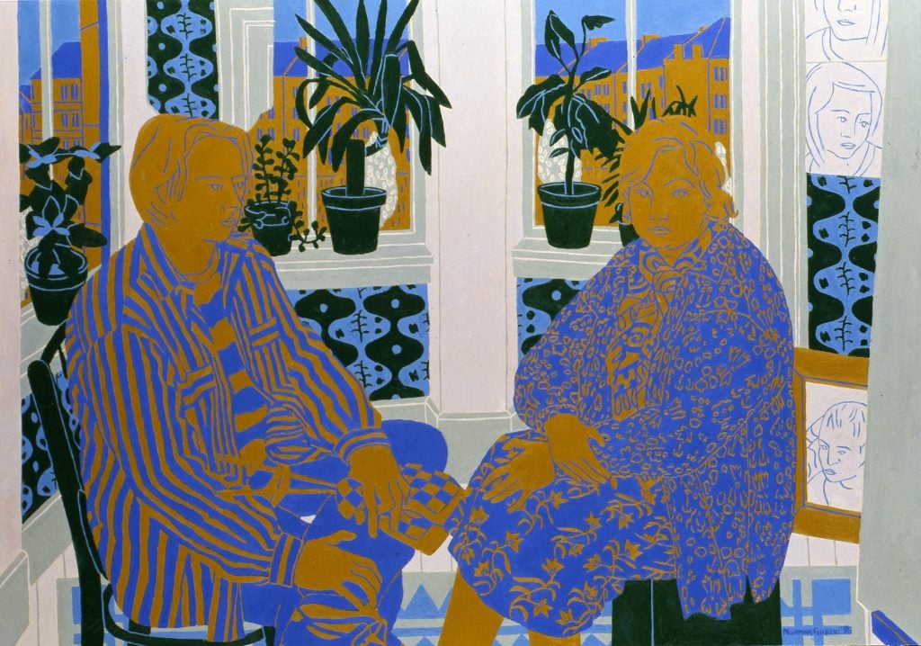 Semi-abstract composition in ochre, dark green, and periwinkle blue of two figures in patterned clothes sitting in front of windows lined with houseplants.