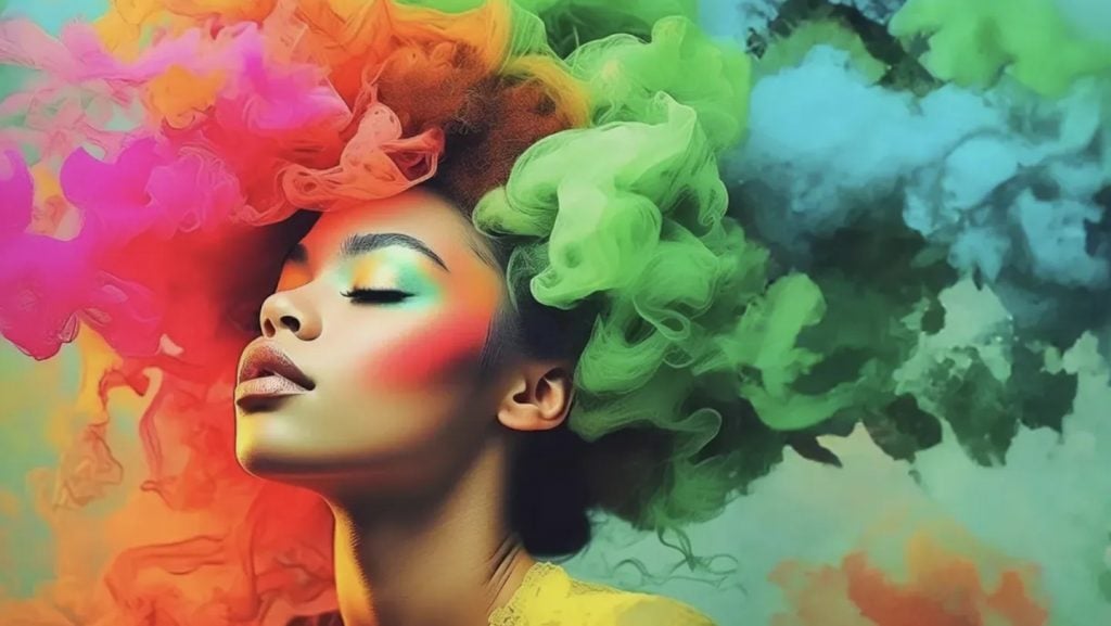 A Pantone illustration of the face of a mixed race woman with colorful eye makeup and rainbow colored smoke billowing out from where her hair would be.