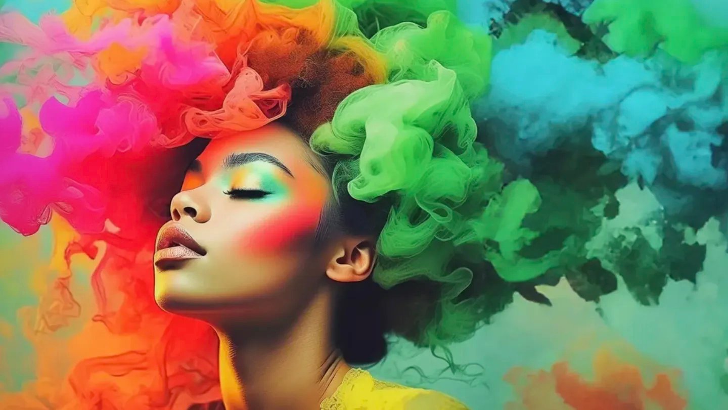 A Pantone illustration of the face of a mixed race woman with colorful eye makeup and rainbow colored smoke billowing out from where her hair would be.