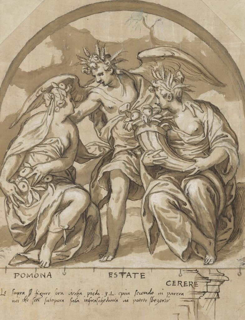 A drawing of three allegorical figures personifying fruit, agriculture, and summer