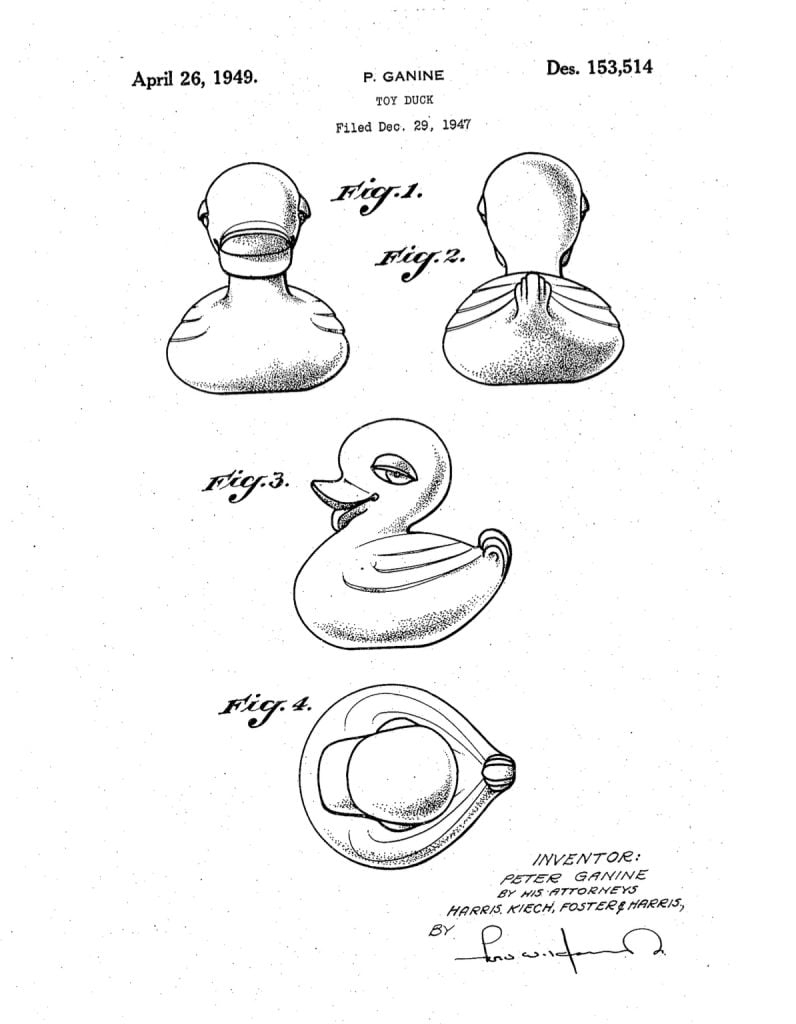Peter Ganine's 1947 patent application for the rubber duck bath toy, showing frontal, back, side, and top views of the now-famous toy.