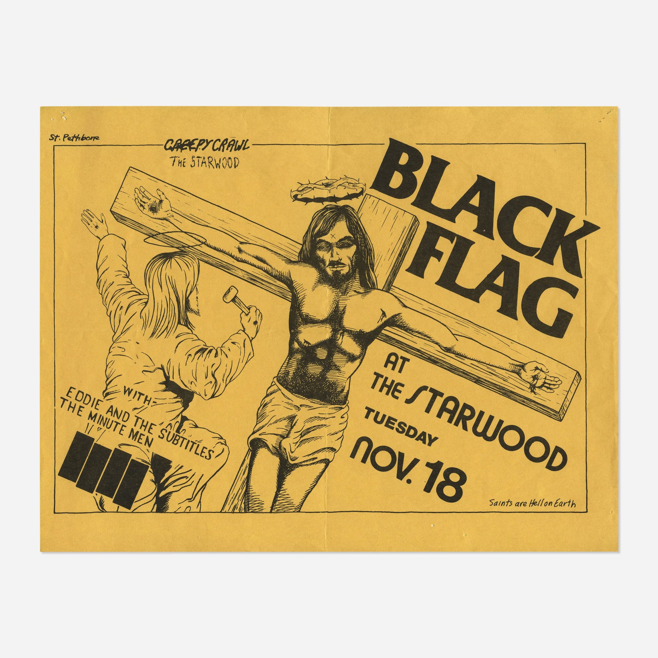 A photograph of a yellow poster for a Black Flag concert depicting Jesus on the cross, drawn by Raymond Pettibon