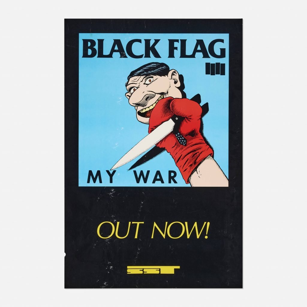 A photograph of a poster promoting Black Flag's album's "My War," drawn by Raymond Pettibon