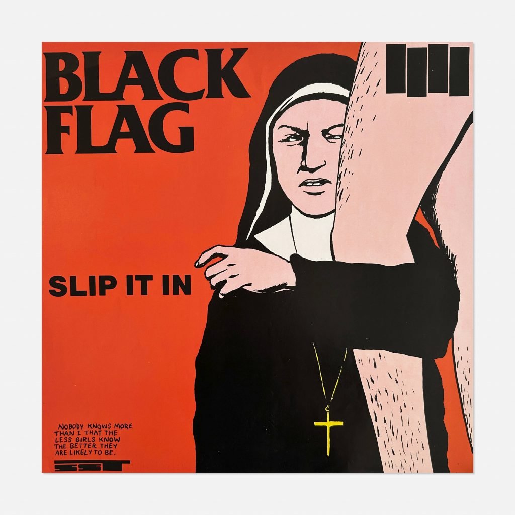 A photograph of Black Flag's bright orange album "Slip It In" featuring an angry nun gripping a hairy caucasian leg, drawn by Raymond Pettibon