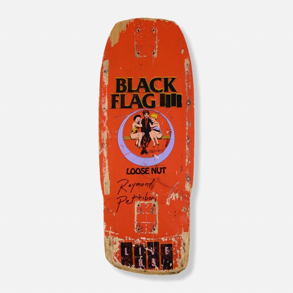 A photograph of a worn orange skatedeck featuring the design for Black Flag's album Loose Nut, drawn by Raymond Pettibon, on a white background