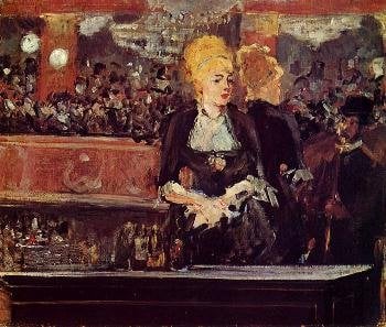 a woman with blonde hair stands behind a bar at a crowed 19th-century theater