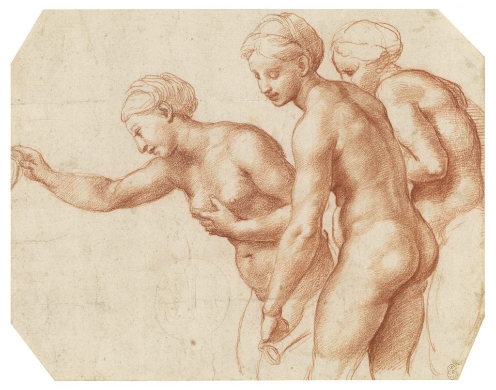 A drawing of three nude women