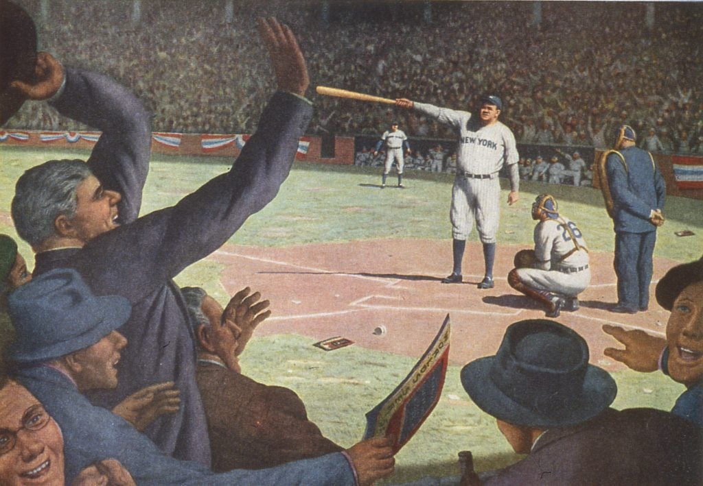 Illustration of Babe Ruth swinging his bat toward center field, drawn from the perspective of the roaring crowd.