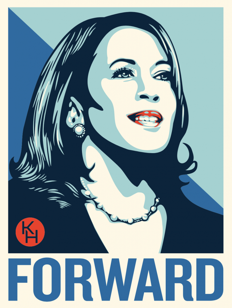 An image of a Shepard Fairey poster with a blue-tinted portrait of Kamala Harris and the word FORWARD underneath