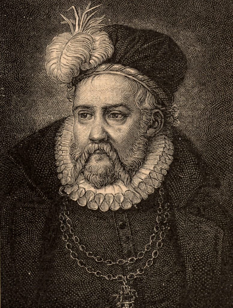 Engraving of alchemist Tycho Brahe depicting him as a mustachioed man wearing a feathered cap and a ruff collar