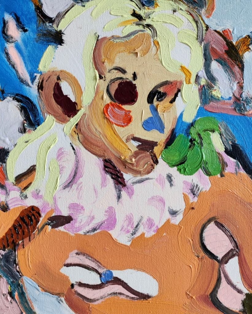 A close-up abstract painting of a figure with b londe hair and an orange body