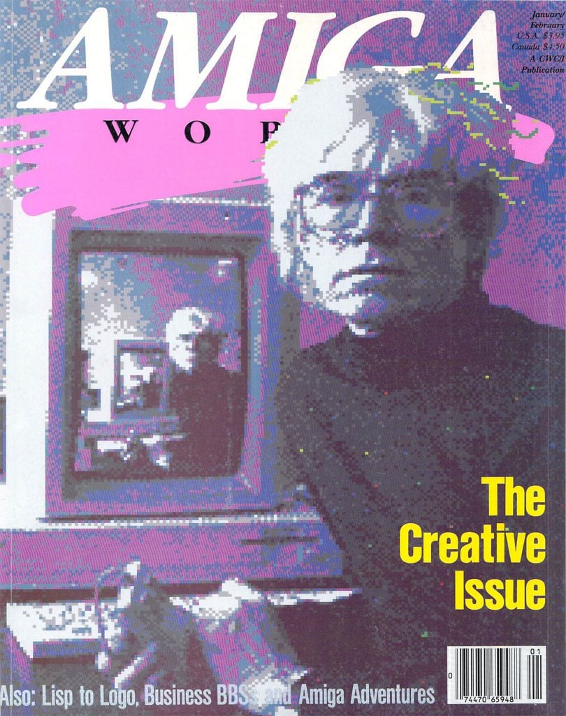 The cover of the Amiga World magazine with a pixelated portrait of Andy Warhol on the cover