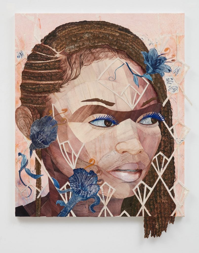 A multimedia portrait of a black woman with an overlaid decorative pattern in beige.