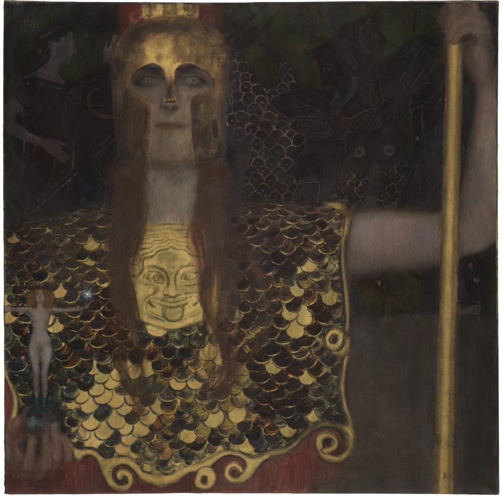 a painting of a woman with a gold helmet and breast shield and gold staff