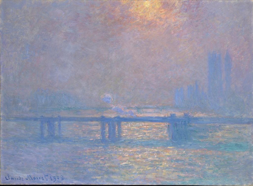 a painting of a bridge over water in tones of pink, purple and blue, it appears to be dusk or sunset