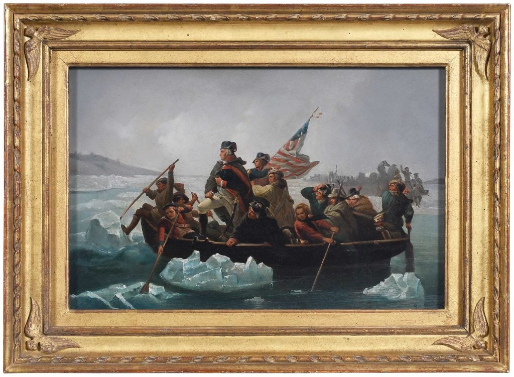 a reproduction of the famous painting of George Washington Crossing the Delaware