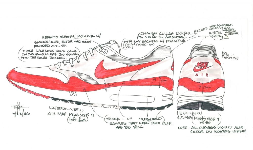 a sketch of an air max in red and white with labels of design