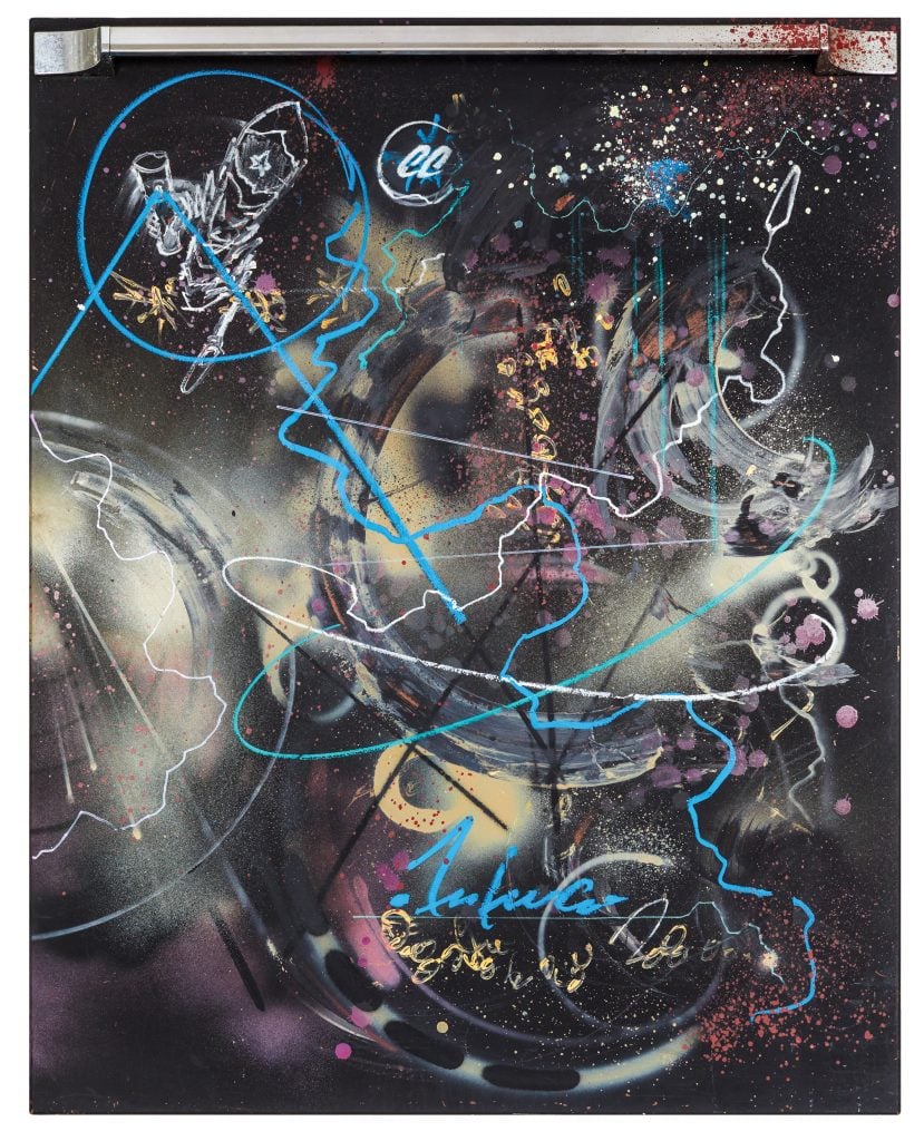 Futura 2000, Garbage Rock (1983). A black abstract aerosol painting on a refrigerator door. 