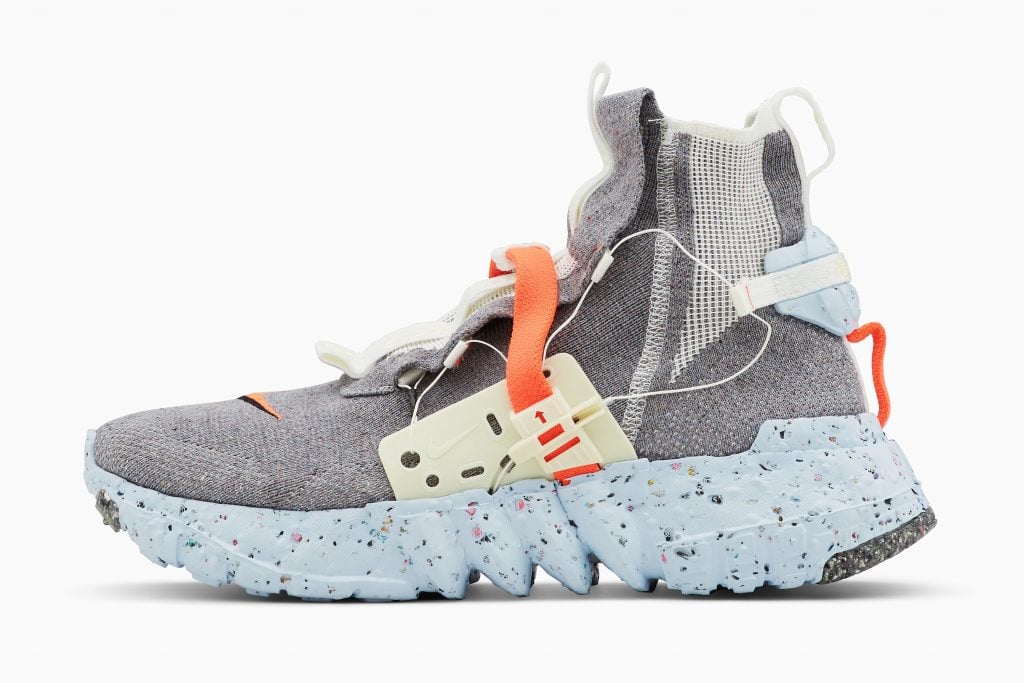 a blie and grey shoe made from recycled materials