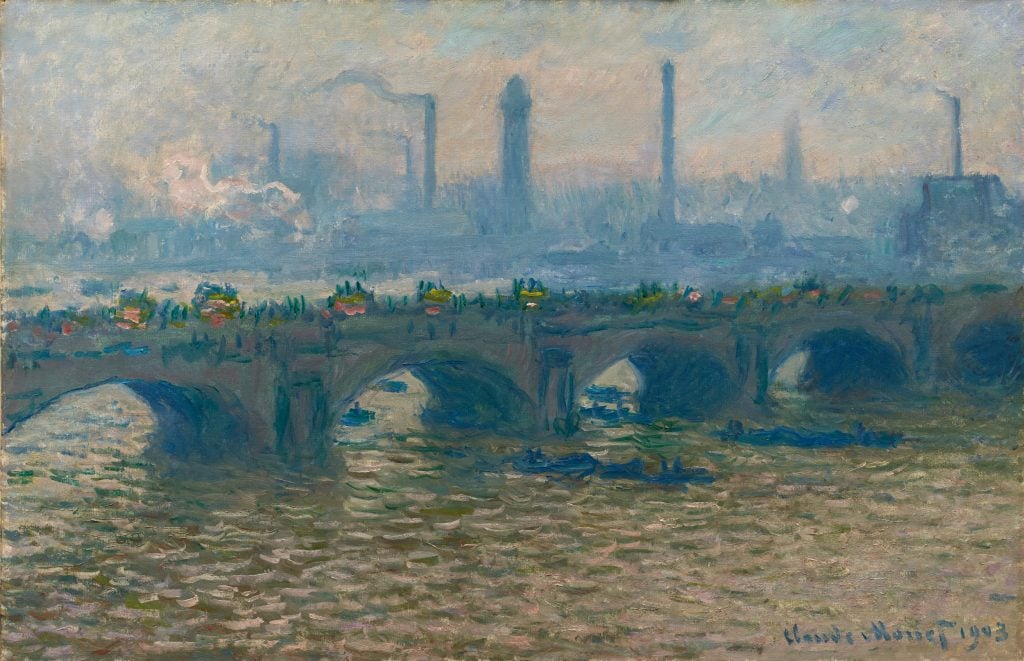 a painting of a bridge with factories emitting smoke behind, it is painted in shades of pale pink, blue, grey, and green and is very atmospheric