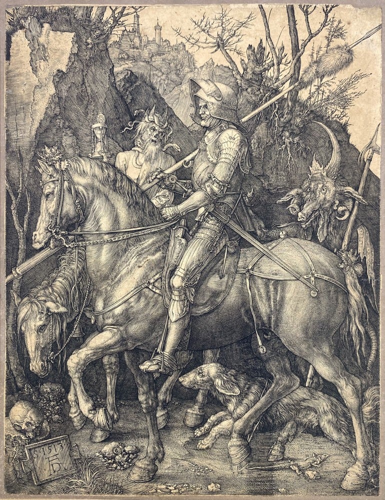 an engraving of a man on horse followed by the devil and a goat