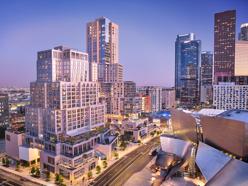 a city scape with tall buildings on left hand side