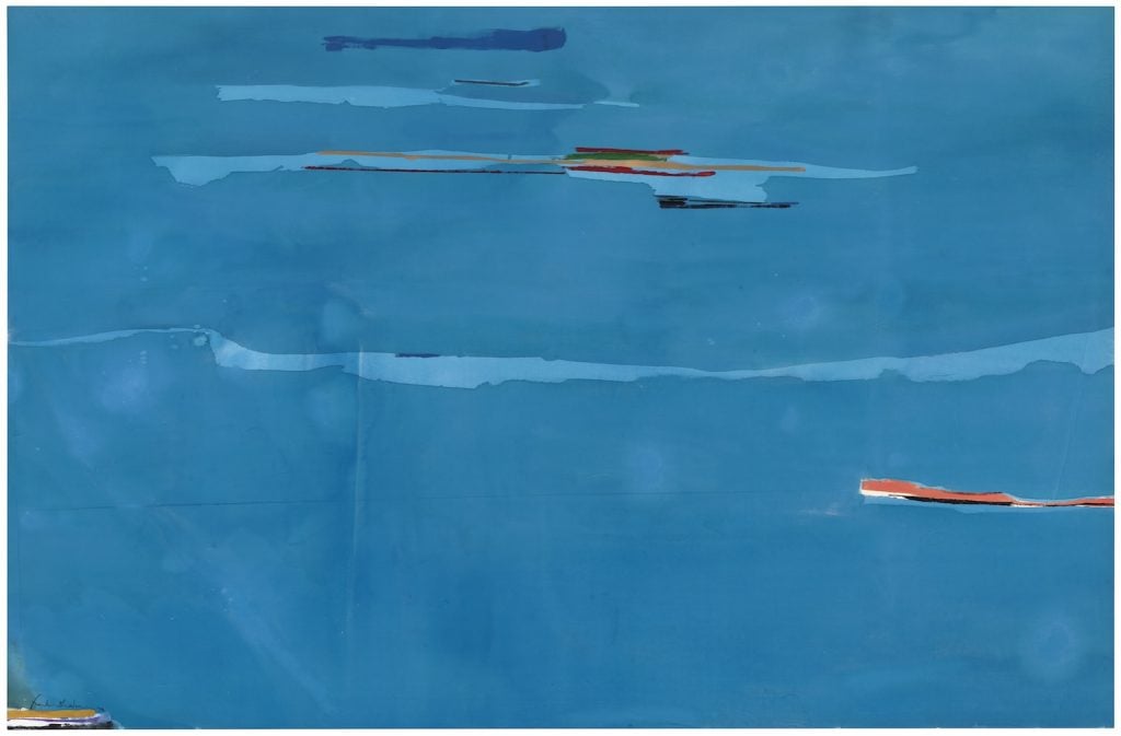 Helen Frankenthaler painting in rich blue with bits of red and yellow