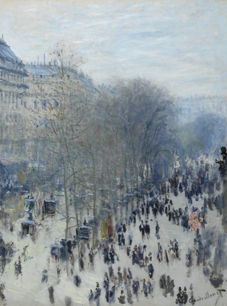 a painting by Monet shows a busy street scene in the new Paris