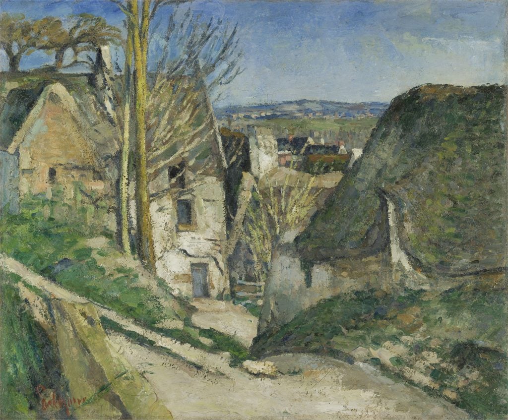 a painting by Paul Cézanne in the countryside showing houses with slightly changed angles