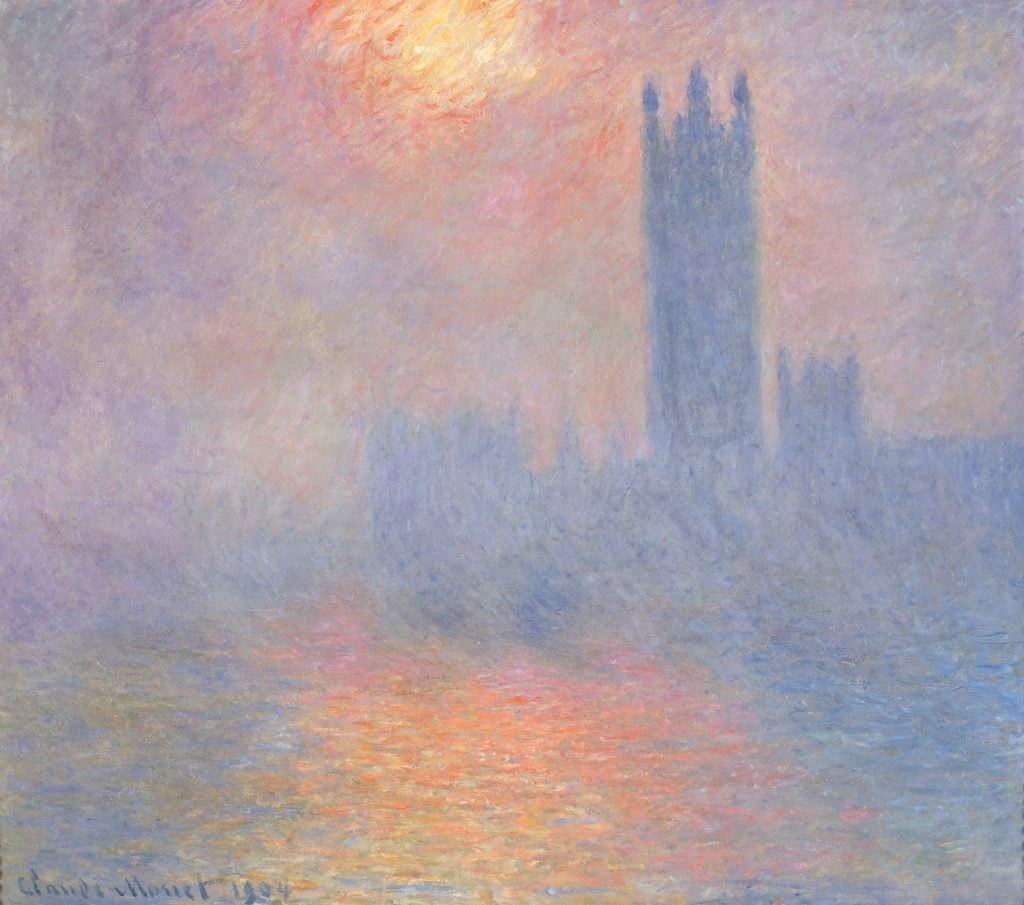 a painting in shades of purple, pink and blue of a river, you can vaguely make out the silhouette of big Ben in the background