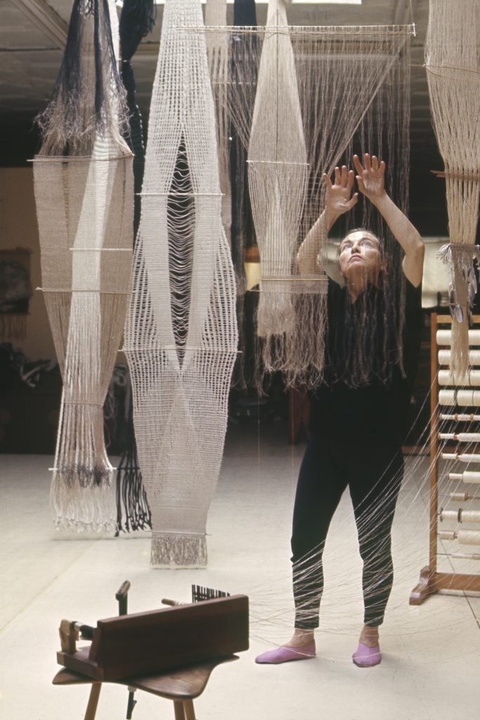 Lenore Tawney in her studio at 59 Beekman Street, New York, 1966. Photo: Nina Leen. Courtesy Lenore G. Tawney Foundation