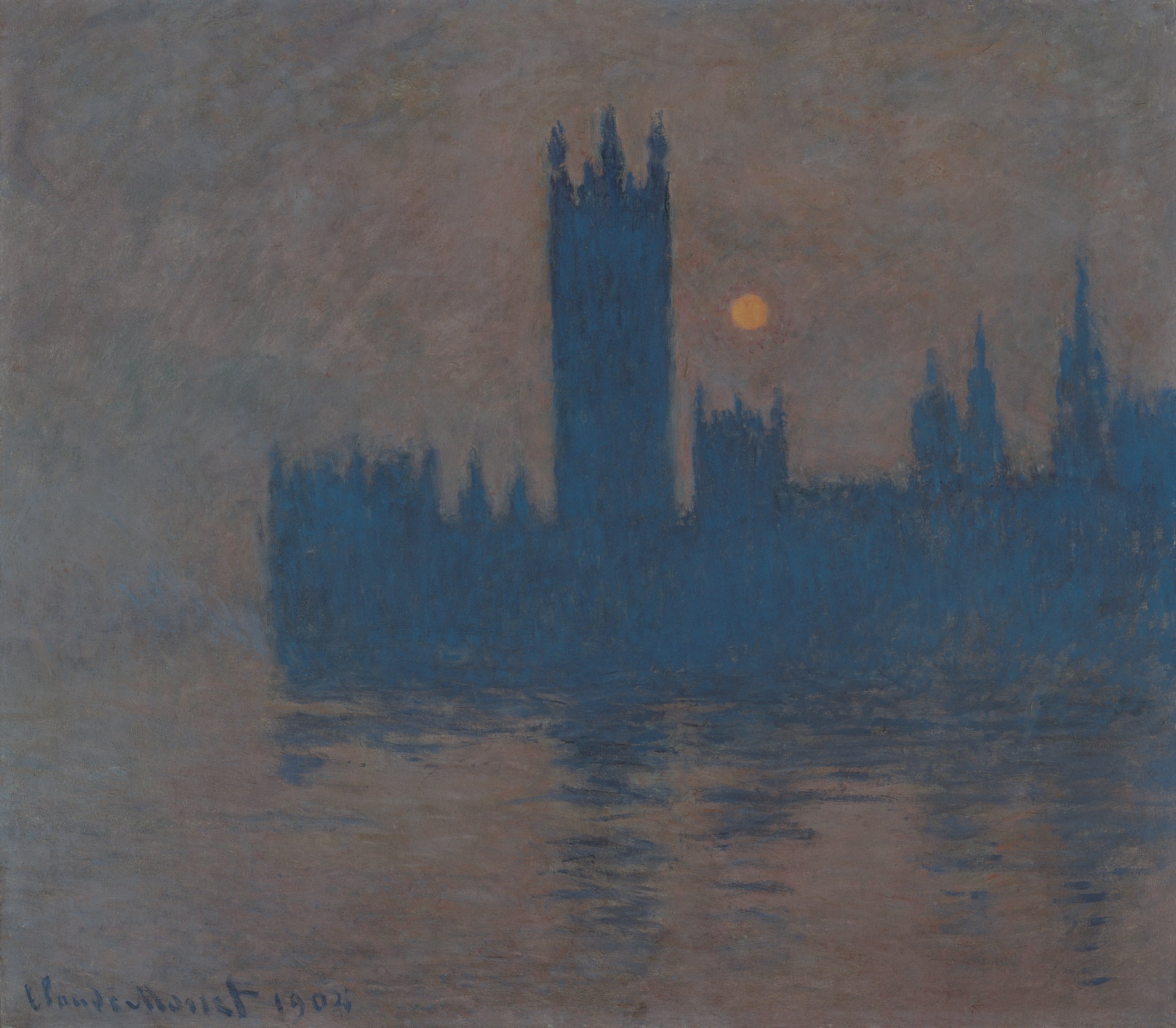 a painting in which you can see the silhouette of the houses of parliament and Big Ben, a small orange moon, and the reflection of these things on rippling water