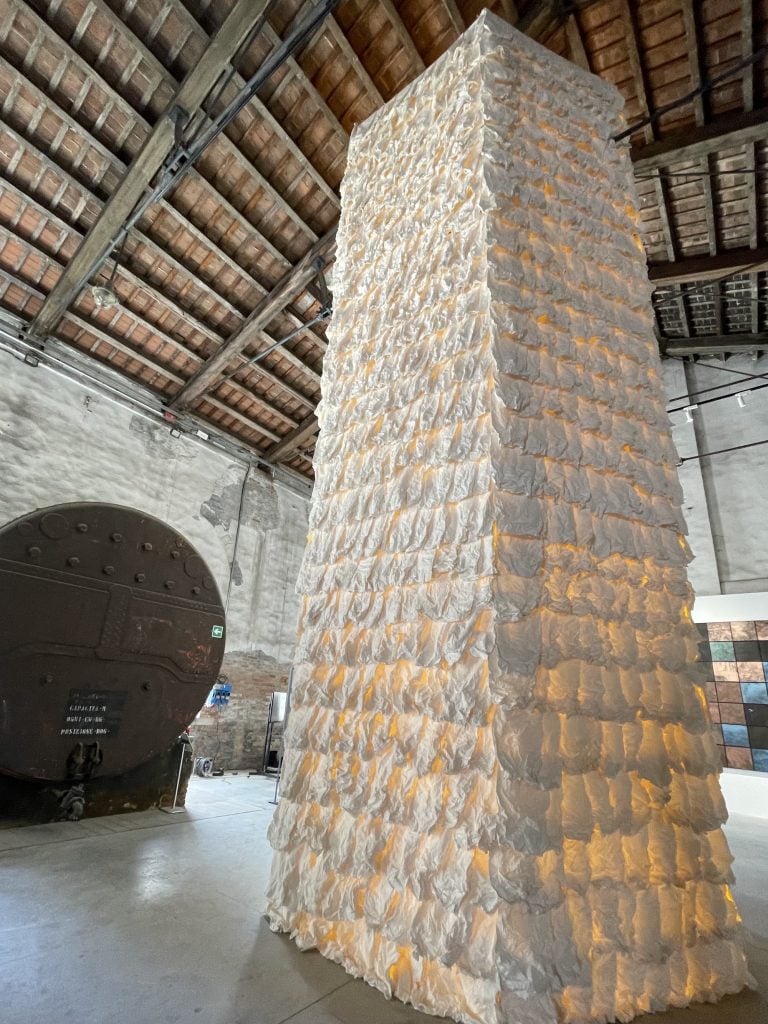 an image of a giant tower made of folded paper