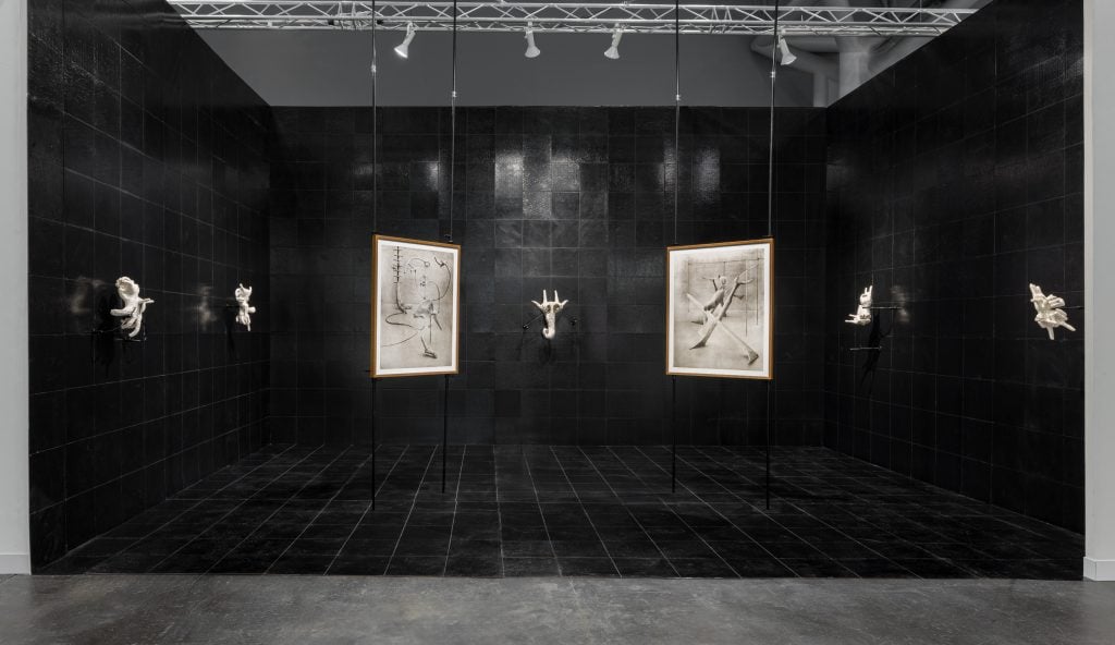 an art fair booth with black walls and floor and white abstract ceramic figures and photographs depicting them