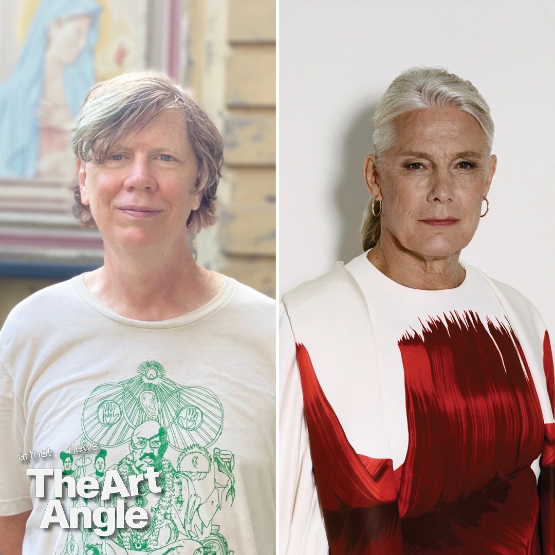 A side by side portrait of a white man with grey hair and a white woman in a red and white dress