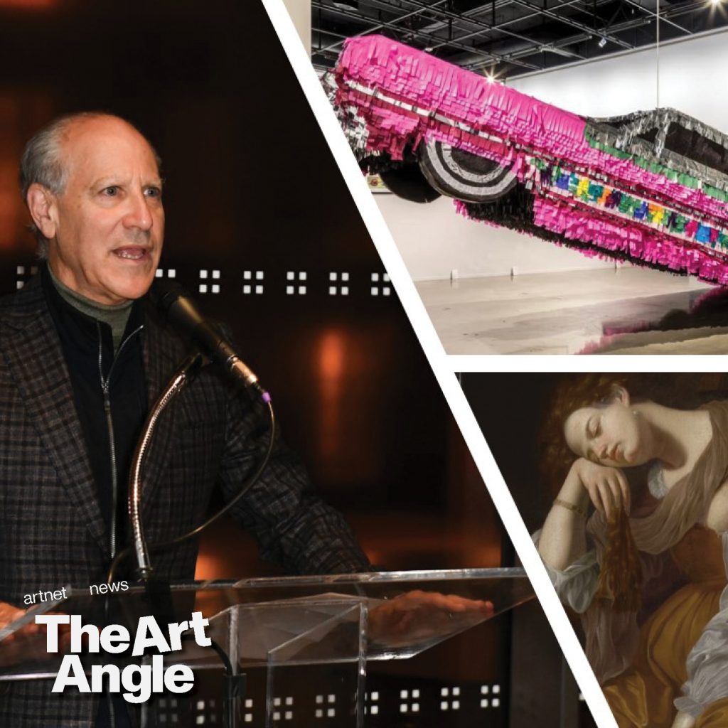 a photo collage featuring a white man at a podium, a car sculpture that looks like a pinata, and a painting of a pale women