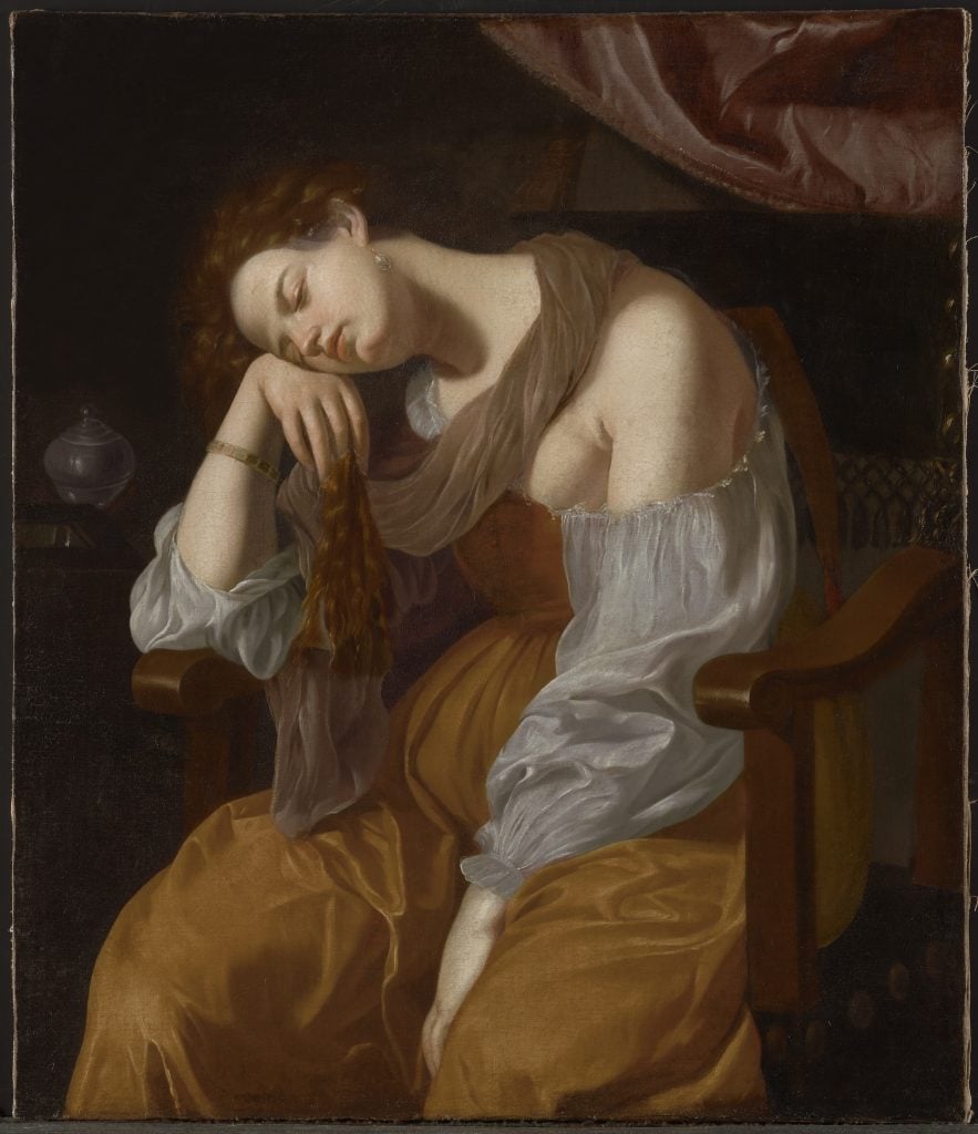 Artemesia Gentileschi, Penitent Mary Magdalene (ca. 1625–26). The Baroque painting shows Mary Magdalene in a moment of contrition, renouncing her sinful life and the trappings of wealth and luxury to follow Jesus. She sits in a darkened room, her eyes closed as she rests her head on her hand.