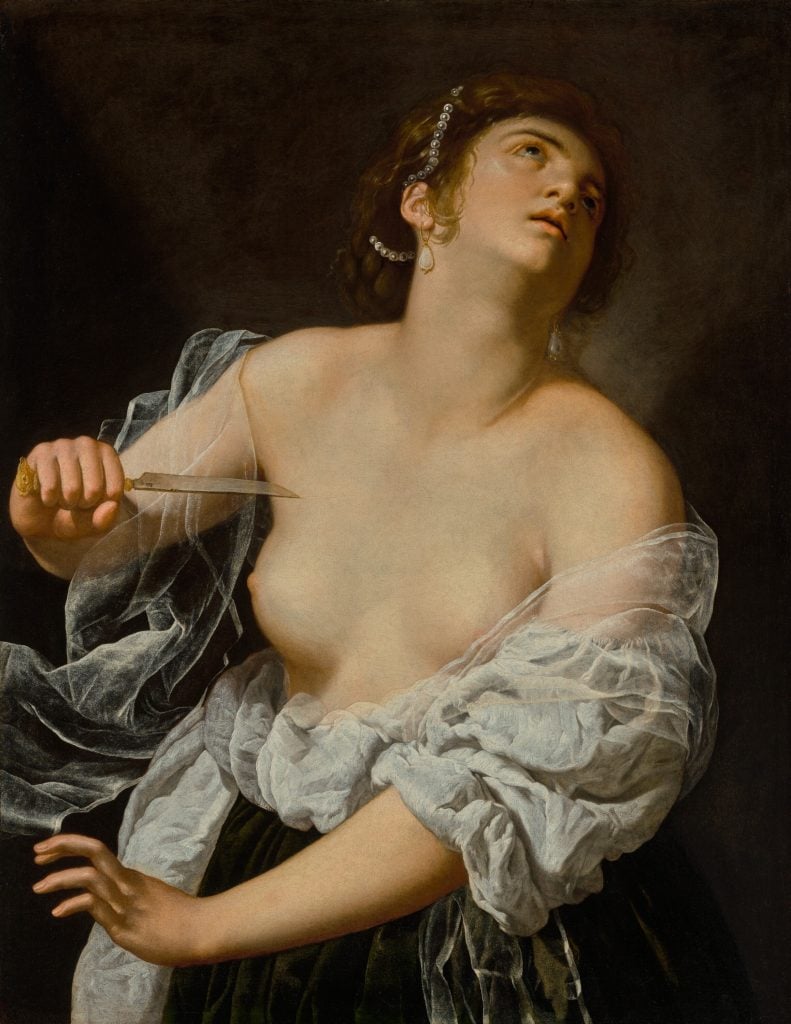 Artemesia Gentileschi, Lucretia (ca. 1627). The dramatically lit Baroque painting shows Lucretia in a moment of despair, about to stab her bare chest with a dagger. 