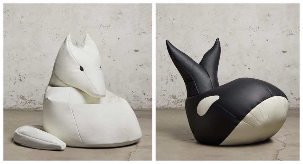 bean bags resemble a white fox and an orca 