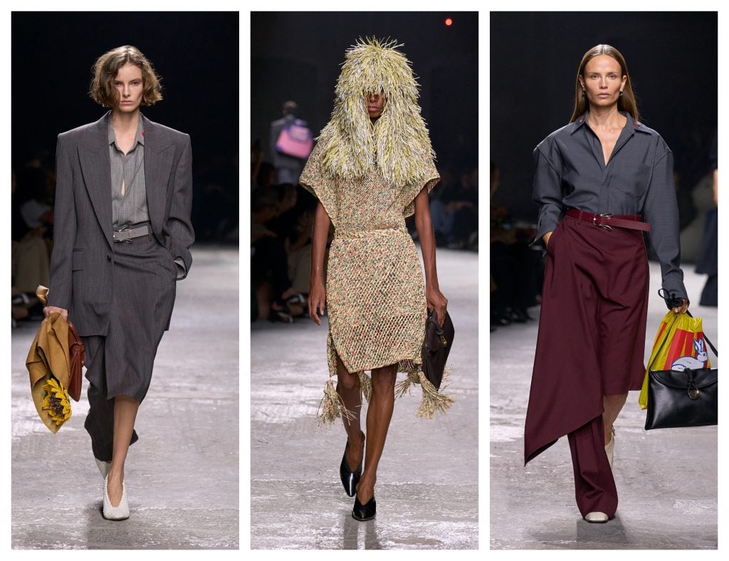 Bottega Veneta presented three looks from its Summer 2025 collection, all featuring exaggerated proportions and silhouettes. 