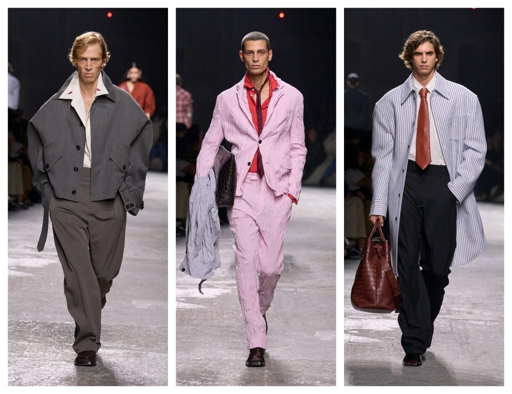 Bottega Veneta presented three looks from its Summer 2025 collection, all featuring exaggerated proportions and silhouettes. 