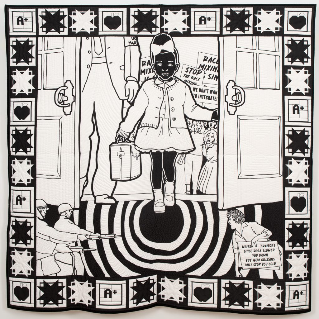 Carolyn Mazloomi, Ruby's Courage. A black and white art quilt of Ruby Bridges, the first African American child to desegregate a white school in the Jim Crow south.