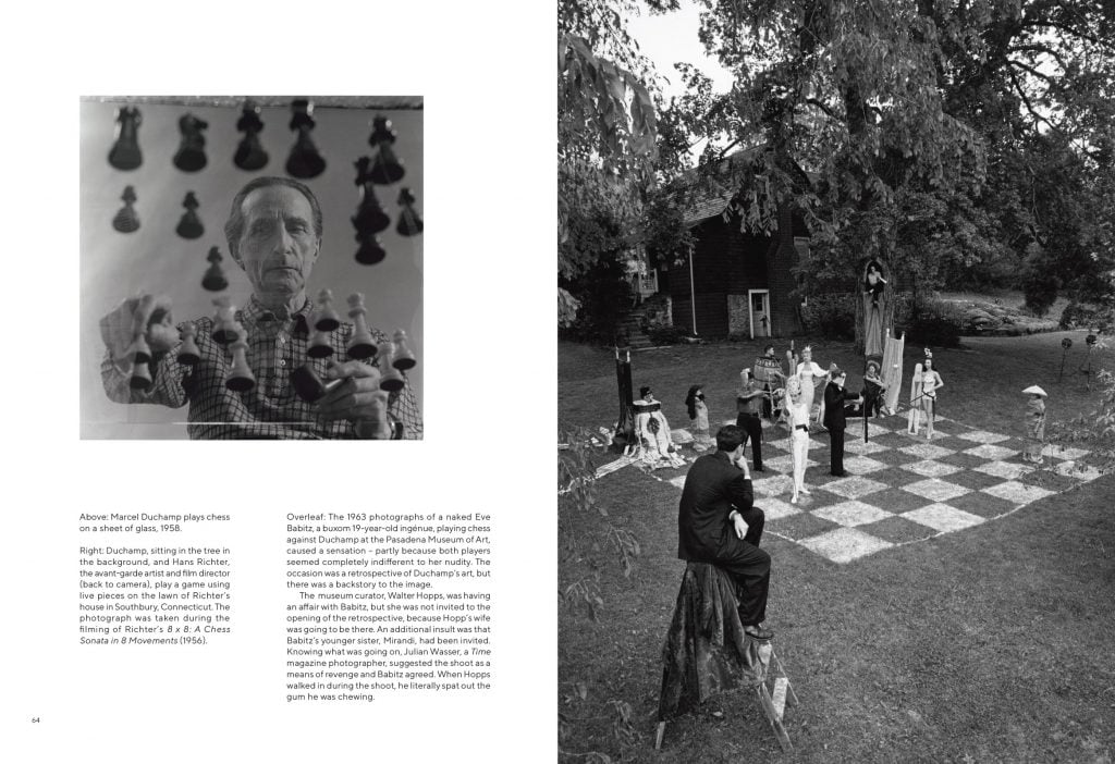 spread from book with two black and white photos one looking up at Duchamp and the other showing a garden game of chess