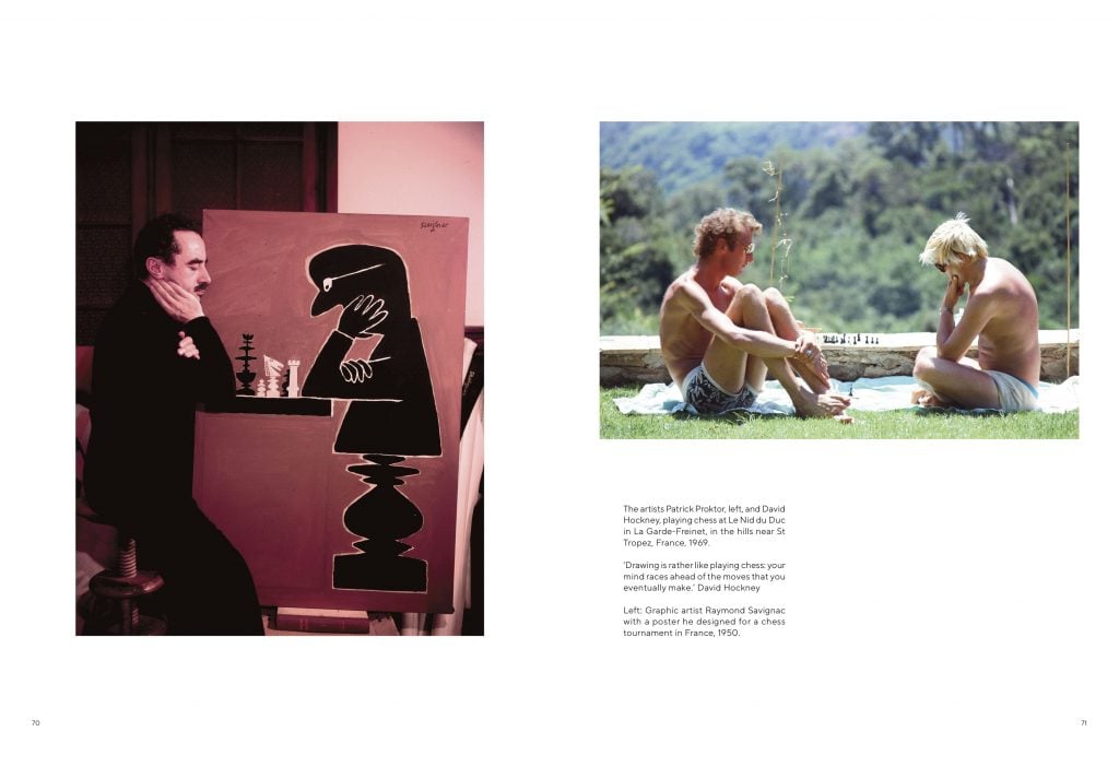 a spread from the book on the left a man poses by his chess poster and on the right two men sit on the grass and play chess