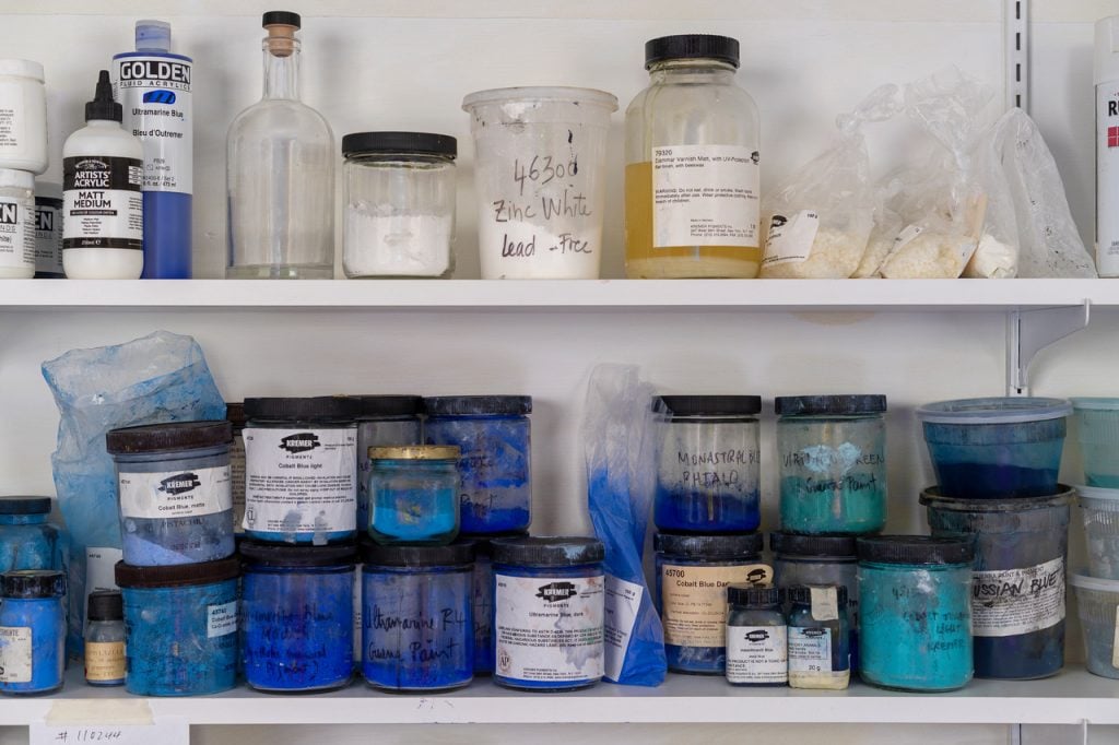 solvents and pigments in an artist studio