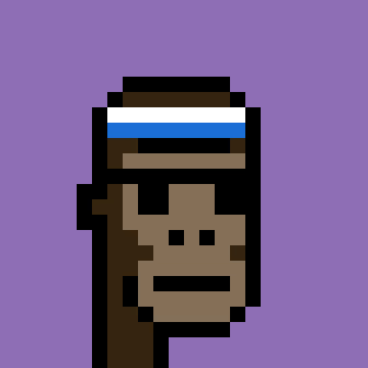 A pixelized image of an ape wearing sunglasses and a headband