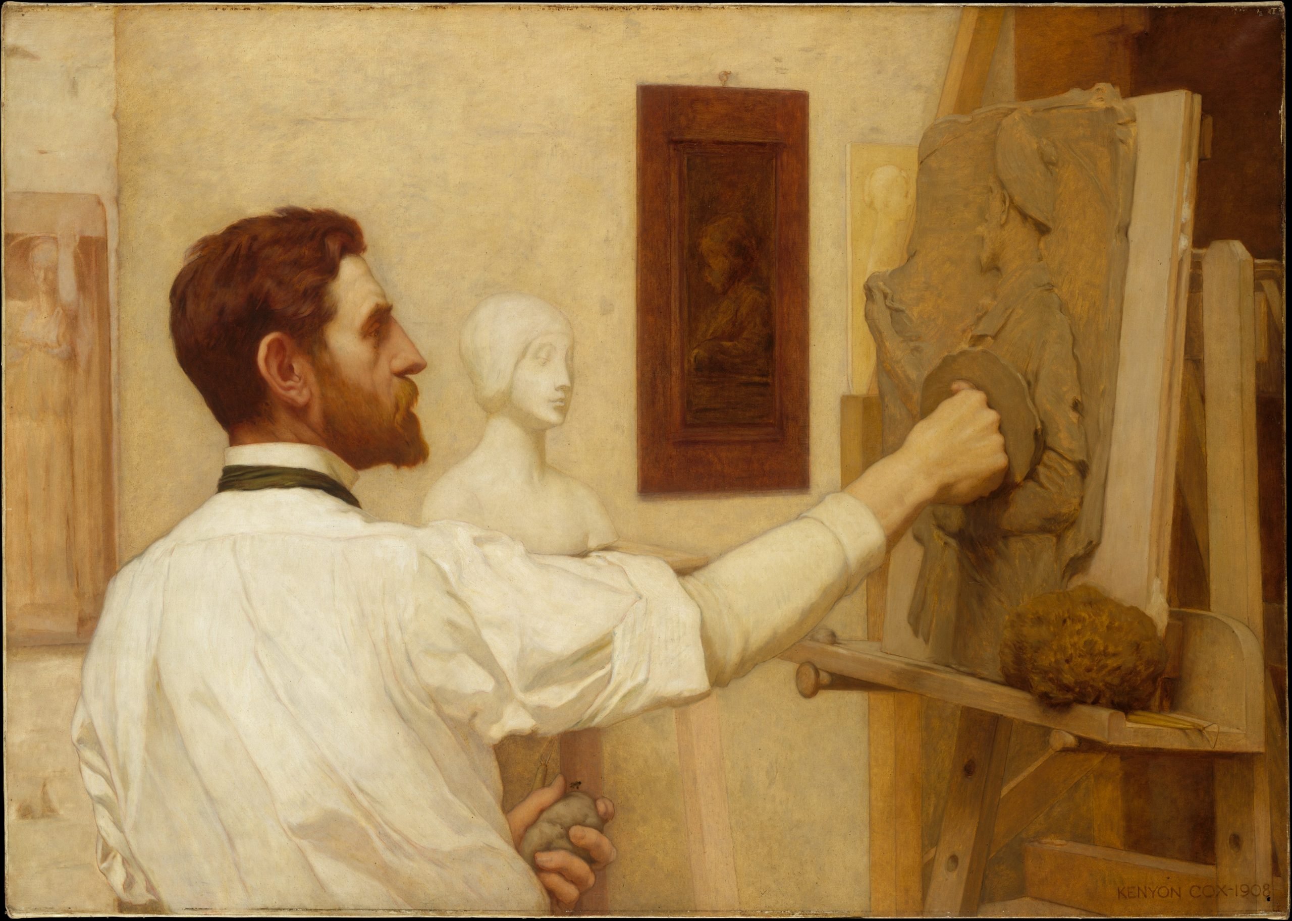 A bearded man works on a bas-relief in his studio in a painting